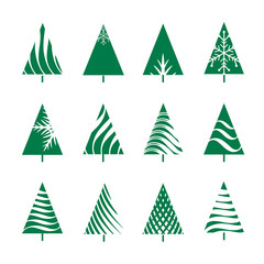 Set of Green Geometric Christmas Tree. Vector Illustrations.