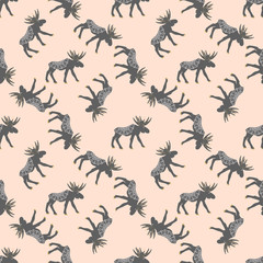 Fototapeta na wymiar Deer vector seamless pattern. Christmas forest grey moose with decoration on pink.