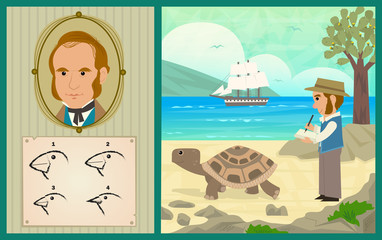 Darwin Adventure - Charles Darwin at the Galapagos Islands and the development of his theory of evolution. Eps10 - obrazy, fototapety, plakaty