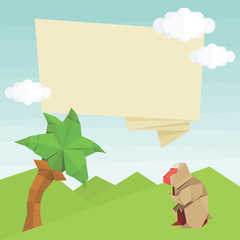 Origami monkey, palm tree, balloon and clouds. Vector simple flat illustration