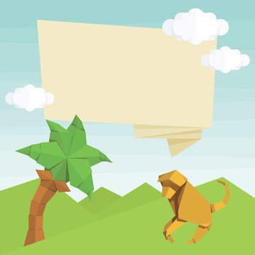 Origami monkey, palm tree, balloon and clouds. Vector simple flat illustration