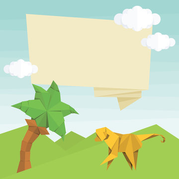Origami monkey, palm tree, balloon and clouds. Vector simple flat illustration