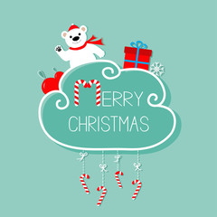 Fototapeta na wymiar White bear, giftbox, snowflake, ball. Merry Christmas card. Hanging Candy Cane. Dash line with bow. Flat design. Blue background.