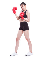 Boxer - Full length fitness woman boxing wearing boxing red gloves on white background.