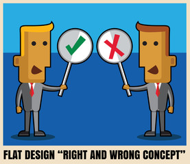 Two businessmen holding Right and Wrong Sign