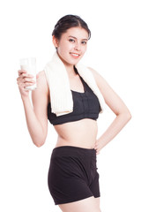 Beautiful healthy woman holding glass of milk on white background.