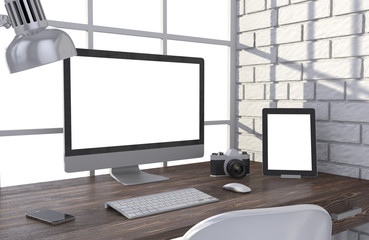 3D illustration PC screen on table in office, Workspace