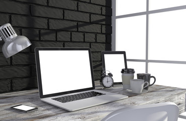 3D illustration laptop and work stuff on table near brick wall, Workspace