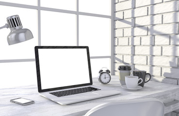 3D illustration laptop and work stuff on table near brick wall, Workspace