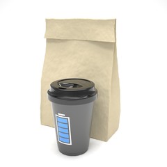 Coffee to go and lunch bag, on white.