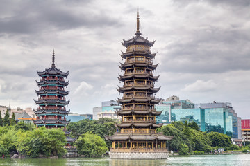 Sun and Moon twin double pagodas and Shanhu lake in  Guilin