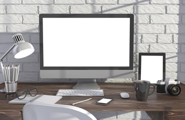 Fototapeta premium 3D illustration PC screen on table in office, Workspace