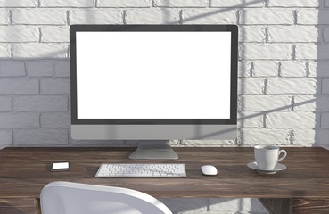 Fototapeta premium 3D illustration PC screen on table in office, Workspace