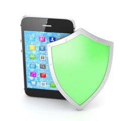 Smartphone and shield on white, security concept