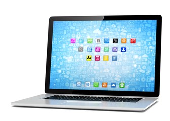 3d rendering of a laptop with blue wallpaper with app icon