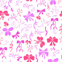 Seamless pattern with bows. Pink bows on white background.