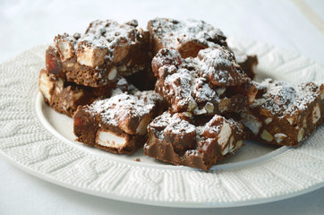 Sweet bars  with marshmallow and chocolate Rocky Mountains on white background