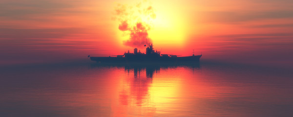 Fototapeta na wymiar sunset and militaryboat