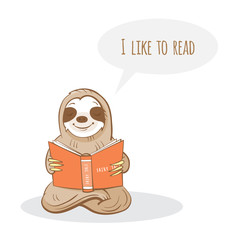 Vector card with cartoon sloth. Reading book. Fan of reading. © voron4ihina