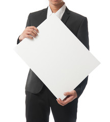 businessman holding a white board