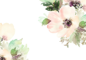 Greeting card with flowers. Pastel colors. Handmade. Watercolor