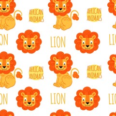 Lion with lettering vector seamless pattern