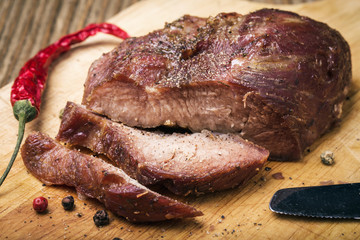 Baked piece of beef, close-up