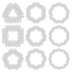 Set of magic knotting circles. Nine decorative logo elements with stripes braiding for your design