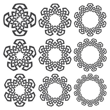 Set of magic knotting circles. Nine decorative logo elements with stripes braiding for your design