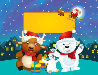 Christmas happy scene with different animals and santa - space for text - illustration for the children