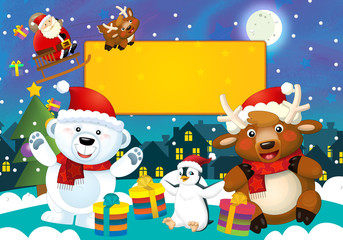 Christmas happy scene with different animals and santa - space for text - illustration for the children