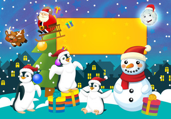 Christmas happy scene with different animals and santa - space for text - illustration for the children