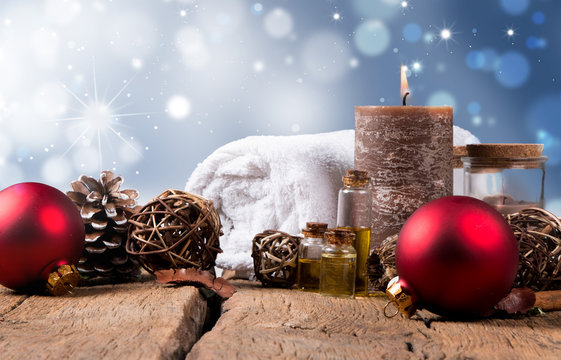 spa concept, wellness objects on wood plant , christmas background. Present holiday concept. 