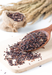 Riceberry on wood spoon isolated