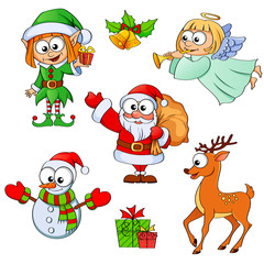 Christmas and new year characters. Santa Claus, snowman, elf, Christmas angel, reindeer, gifts and bells.