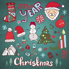 Christmas doodle hand-drawn collection. New year funny vector set.