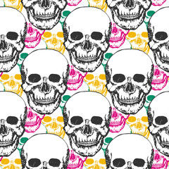 Beauty skulls pattern. Hand drawn seamless background with color triangle for textile, fabric, wrapping. Vector art