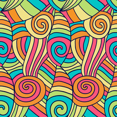 Colorfu abstract waves pattern. Hand drawn spiral wavy background. Vector ethnic coloring texture.