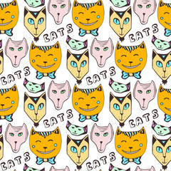 Doodle cats pattern. Hand drawn colorful seamless page. Vector art.