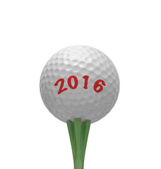 2016 Golf Ball on green tee isolated over white