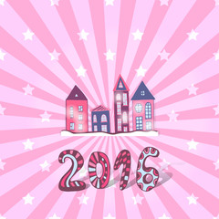 Cute New year background. Vector doodle sweet houses.