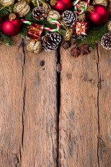 Christmas decoration, balls on dark wooden background 