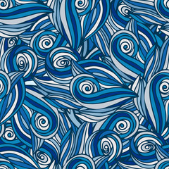 Blue wavy pattern. Handmade doodle wave seamless background. Vector