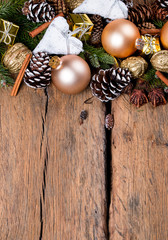 Christmas decoration, balls on dark wooden background 