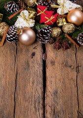 Christmas decoration, balls on dark wooden background 