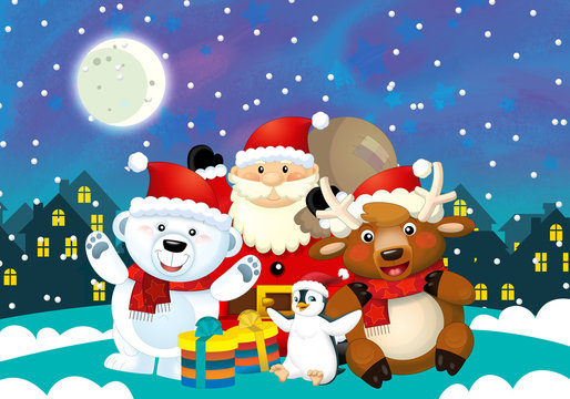 Christmas happy scene with different animals and santa - space for text - illustration for the children