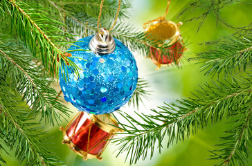 image of christmas balls on the christmas tree closeup