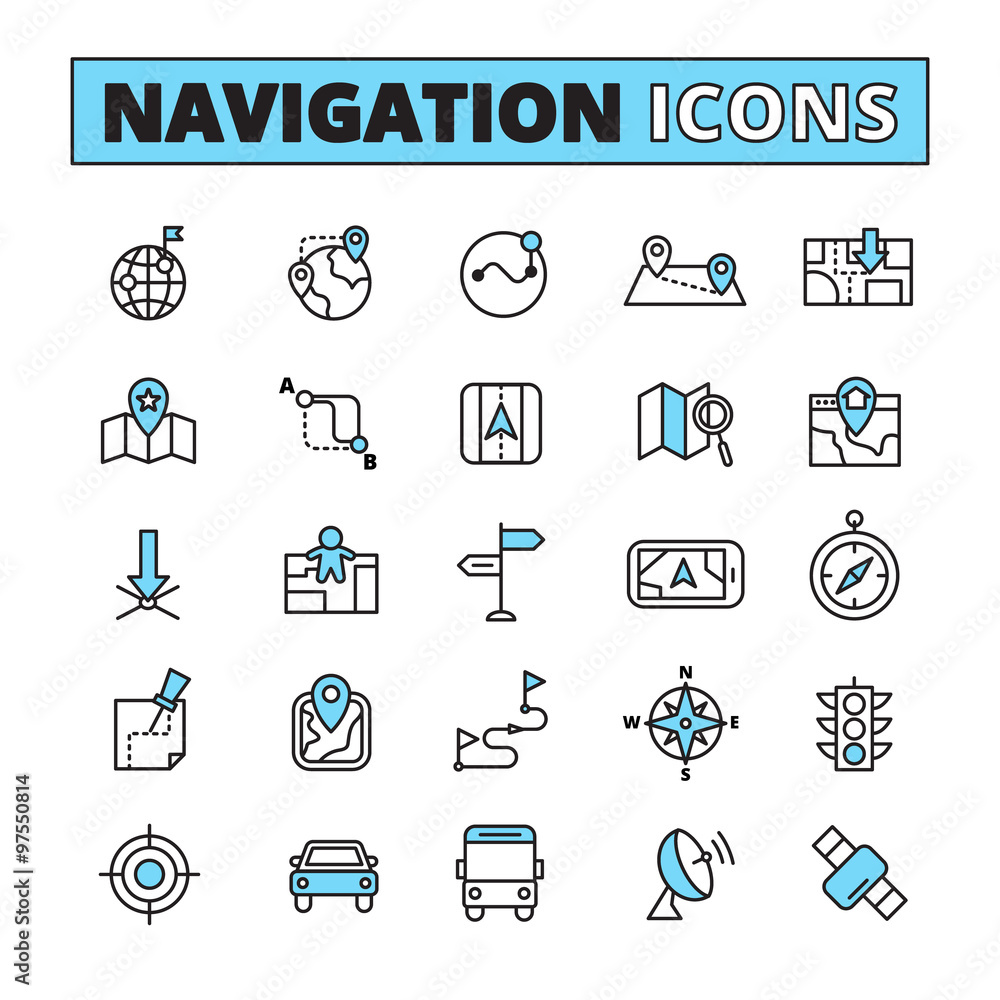 Poster Map navigation outlined icons set