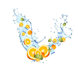 Fresh fruit and ice cube in water splash, falling orange