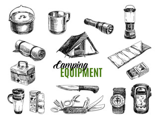 Vector set of highly detailed hand drawn camping stuff.  - obrazy, fototapety, plakaty